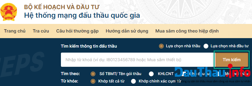 Hình 1: Tìm kiếm gói thầu mà nhà thầu đang quan tâm