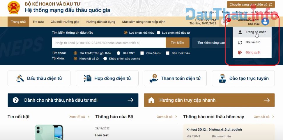 Hình 1: Đăng nhập vào hệ thống mạng đấu thầu quốc gia