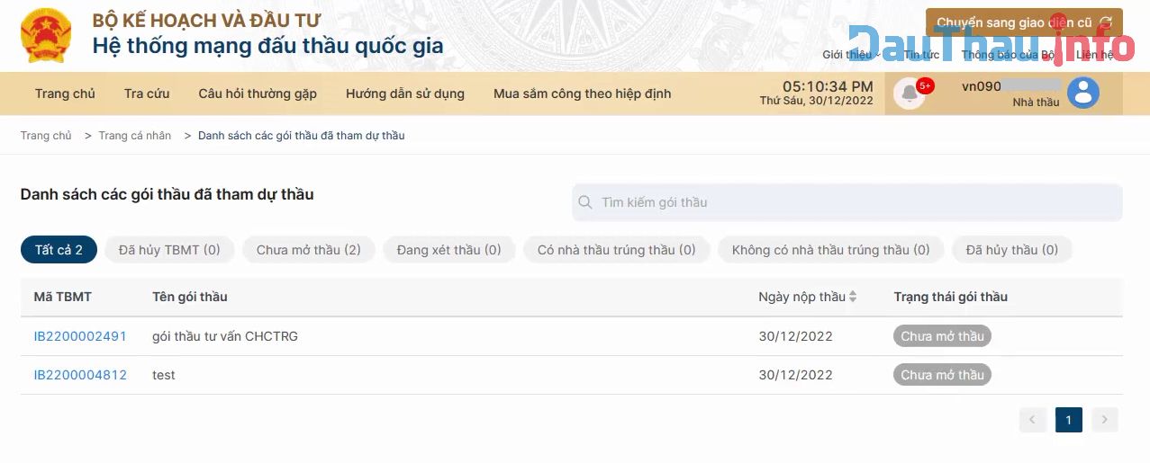 Hình 3: Xem danh sách các gói thầu nhà thầu đã tham dự
