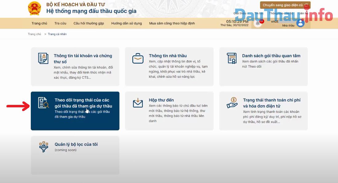 Hình 2: Bấm chọn “Theo dõi trạng thái của các gói thầu đã tham gia dự thầu”