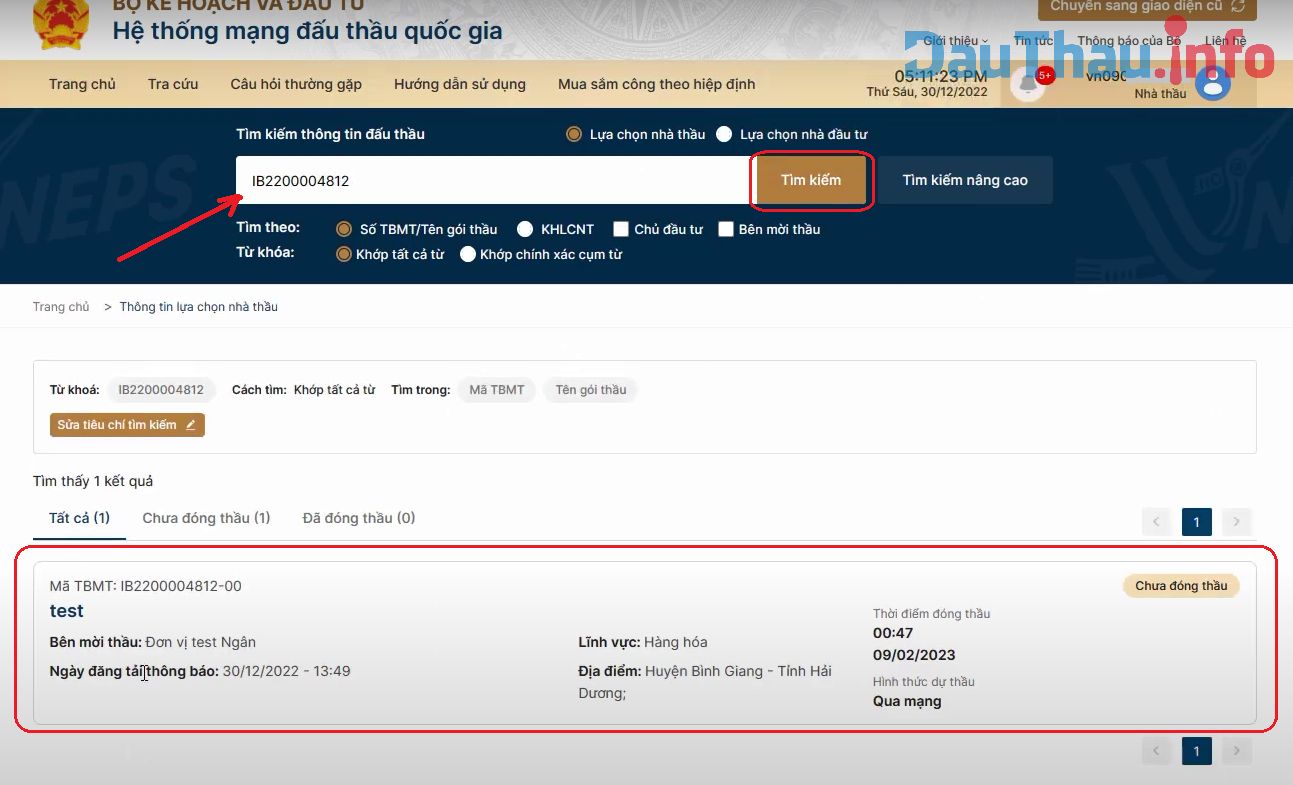 Hình 4: Tìm kiếm gói thầu ở ô tìm kiếm ngoài trang chủ