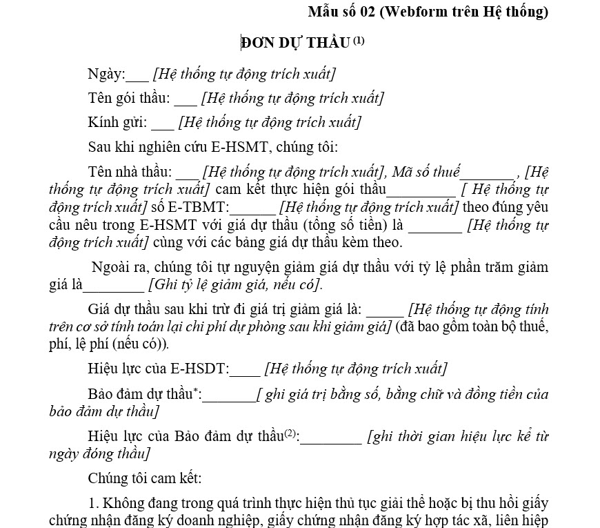 mẫu đơn dự thầu